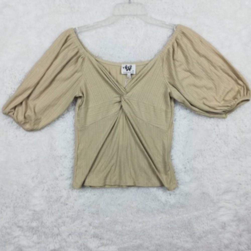 Who What Wear Womens Blouse Beige 3/4 Sleeve Ballon V Neck Twist Tie Front S New